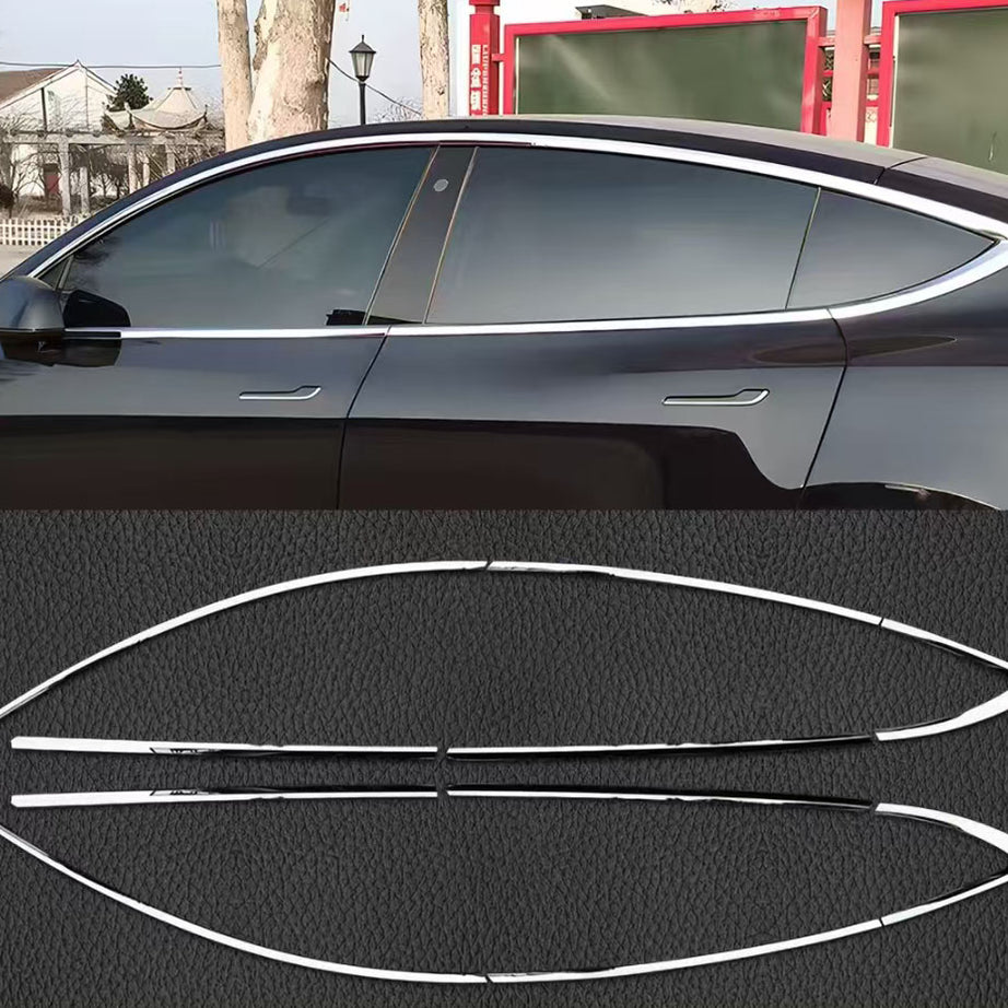 2017-2023 Tesla  Model 3 Aftermarket Stainless Steel Door Window Silver Trim Molding Full Set